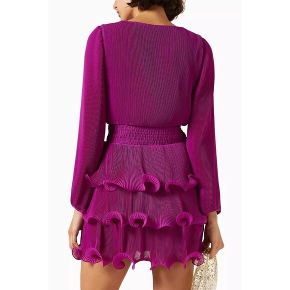 Women Milly Ryan A-Line Chiffon Dress Size 6 M Fuchsia Hem Ruffle V-Neck Layered - Picture 2 of 16